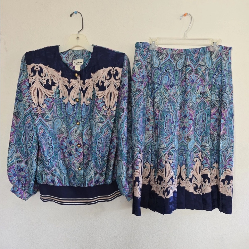 VTG Evanna 2Piece Skirt Suit 14 Paisely Blue Pink Long Sleeve  Button Up Career - Picture 5 of 16